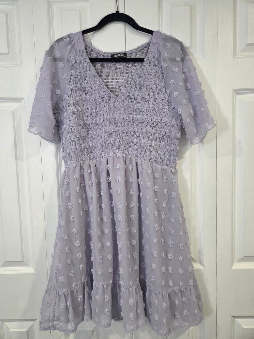 Womens V Neck Dress Short Sleeve Smocked Swiss Dot Ruffle Mini Large Purple